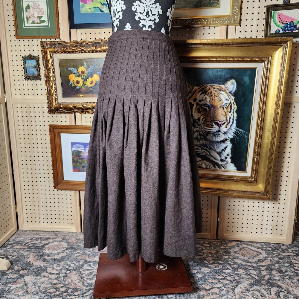 8 Preppy Vintage Brown Pure Wool Pleated Below the Knee‎ Skirt